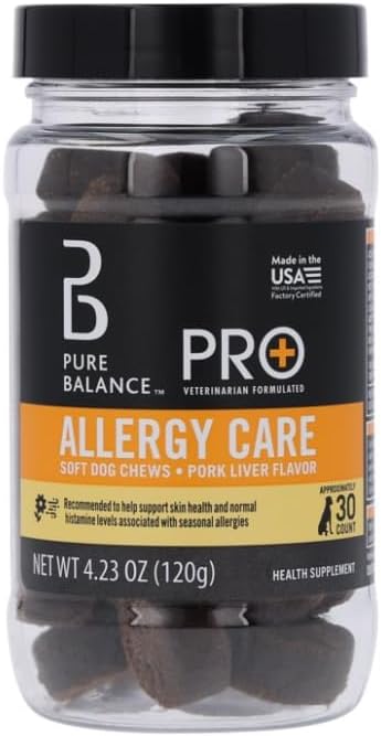 Pure Balance Pro+ Calming Supplement for Dogs, Veterinarian Formulated Soft Chews with Chamomile, Valerian Root, L-Tryptophan, Ginger Root, and FlavoCol – Stress & Anxiety Relief (4.23 oz)