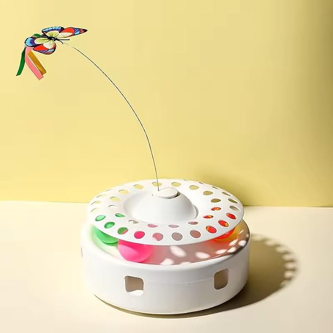 Cat Toys - 3 in 1 Interactive Automatic Kitten Toy, Fluttering Butterfly, Mobile Ambush Feather, Ball Track, Dual Power Sources, USB Powered, for Exercise, white