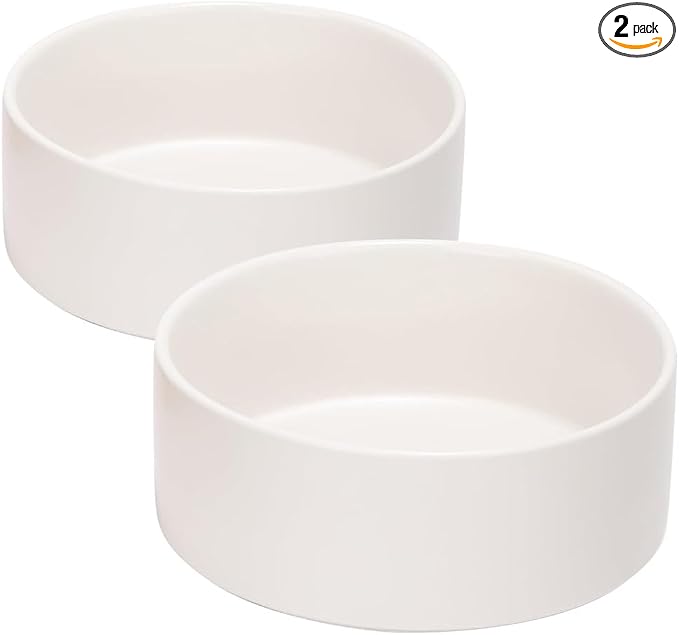 SPUNKYJUNKY 13.5OZ Ceramic Dog and Cat Bowl, Modern Cute Weighted Food Water Bowl for Replacement White (2 Pack)