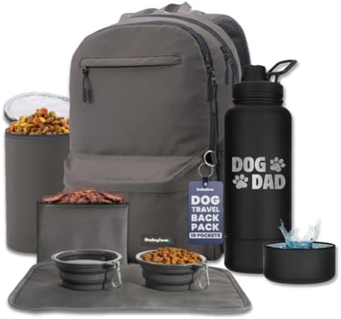 Rubyloo The Original Doggy Bag Backpack (Dark Grey) & 32oz Insulated Water Bottle with Attached 8oz Bowl (Dog Dad) - Dog Travel Backpack & Hydration Set
