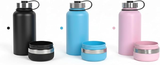 Stainless Steel Dog Water Bottle 32oz with Built-in Bowl, Leak-Proof Travel Pet Water Dispenser, Carry Loop for Walking, Hiking, Outdoor Use (Black)