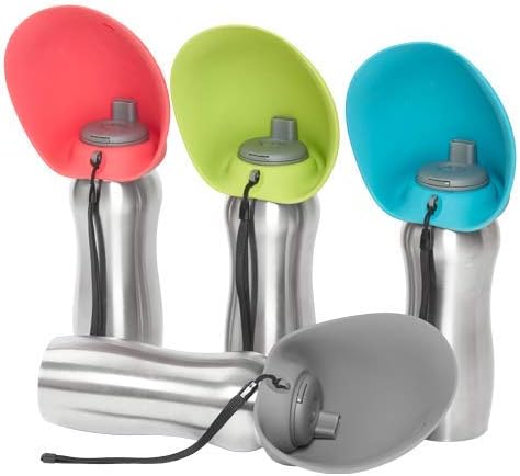 Messy Mutts Stainless Steel Travel Water Bottle with Silicone Flip Up Bowl | Pet Travel Necessity | Camping, Hiking, Walking Accessory | 24 oz / 700mL | Watermelon