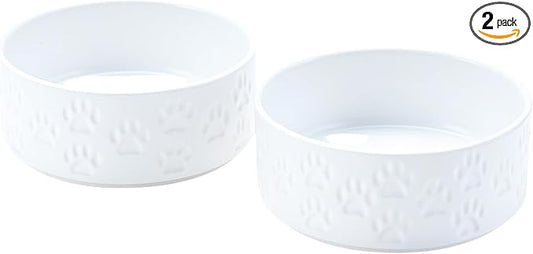 SPUNKYJUNKY Ceramic Dog Bowls 2 Pack, 7.3'' Dog Food Water Double Feeding Bowls Non-Slip for Medium to Large Sized Breed Microwave Dishwasher Safe - 42 OZ, 2pcs, Paw White