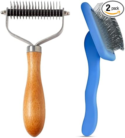 We Love Doodles Pet Dematting Comb and Curved Grooming Slicker Brush Bundle - Deshedding Undercoat Rake, Comb for Detangling Thinning and Shedding, Slicker Brush for All Hair Types