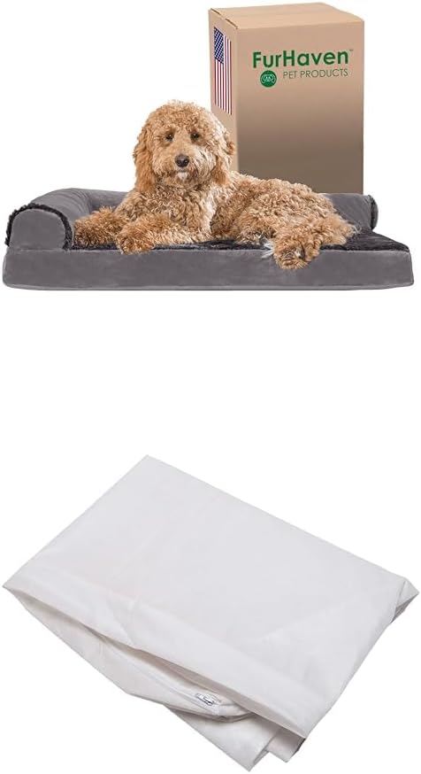 Furhaven Dog Bed L-Chaise L Shaped Chaise - Platinum Gray, Large W/Same Size Waterproof Liner