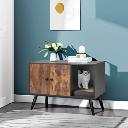Tangkula Cat Litter Box Enclosure, Cat Washroom W/Divider, Scratching Pad, Metal Leg, Enclosed Cat Box Cabinet Pet House W/Double Doors, Litter Box Furniture Hidden for Large Cat (Rustic Brown)