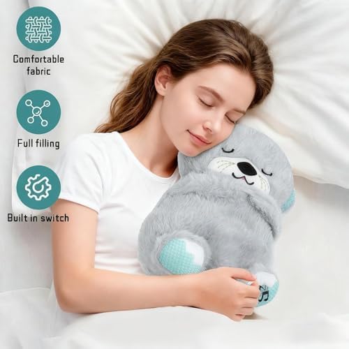 rytopt Breathing Stuffed Animal, Simulated Breathing Sounds, 4 Gear Adjustment, Volume Control, Plush Toy with Music & Light (Gray)