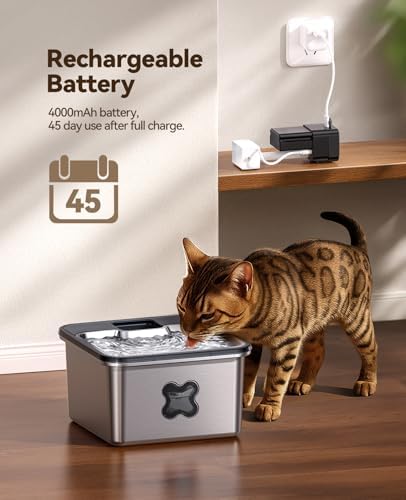 Cat Water Fountain Stainless Steel Visual Filter Cordless Battery Operated Water Fountain for Cats Indoor - 3.2L & 6 Pack Replacement Filters + 6 Pump Sponges
