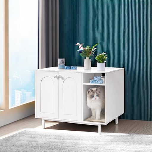 Hzuaneri Cat Litter Box Enclosure,Hidden Litter Box Furniture with Storage, Large Wooden Cabinet with Sisal Mat, Modern Cat Washroom for Living Room, Bedroom, Entryway, White CB01513W