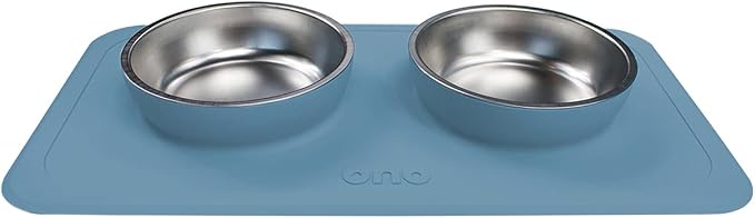 Ono Good Bowl Food & Water Double Feeder - Small to Medium Pets No Spill Non Skid Silicone Mat & Stainless Steel Bowls for Dogs or Cats (Azul)