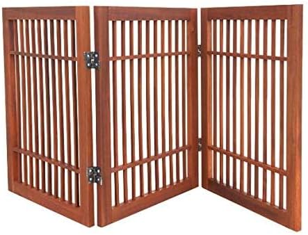 Urnporium Freestanding Wooden Dog Gate Foldable Indoor Pet Gate No Drill Expandable Barrier for Doorways Stairs Hallways Portable Wood Fence for Small Dogs & Puppies (Brown Pet Gate, 3 Panel 24" Tall)