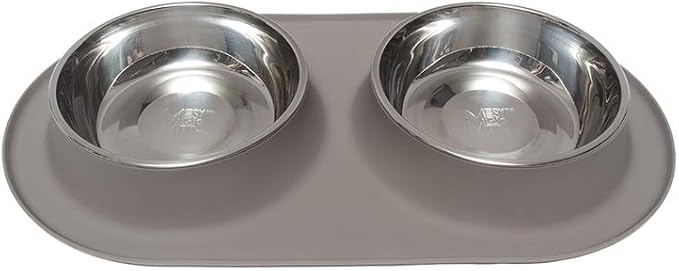 Messy Mutts Double Silicone Feeder with Stainless Bowls | Non-Skid Food Dishes for Dogs for All Pets | Dog Food Bowls | Extra-Large, 6 Cups Per Bowl | Grey
