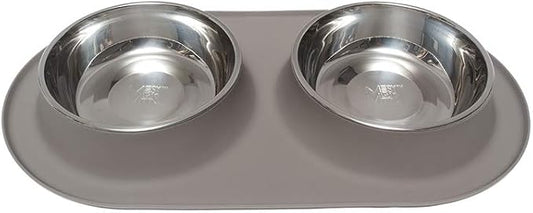 Messy Mutts Double Silicone Feeder with Stainless Bowls | Non-Skid Food Dishes for Dogs for All Pets | Dog Food Bowls | Extra-Large, 6 Cups Per Bowl | Grey