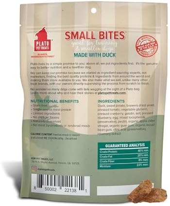 PLATO Pet Treats Small Bites - Air-Dried Training Treats for Dogs - Supports Healthy Digestion - Limited Ingredients - Duck 6oz - 2 Pack