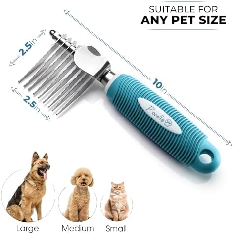 Poodle Pet Bundle - Dematting Fur Rake Comb Brush Tool with Steel Safety Blades for Detangling Matted or Knotted Undercoat Hair + Dog Grooming Rake Brush with Stainless Steel Shedding Comb for Pets