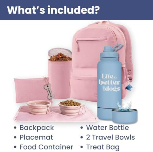 Rubyloo The Original Doggy Bag Backpack (Dusty Pink) & 32 oz Insulated Water Bottle with Attached 8 oz Bowl (Life is Better with Dogs) – Dog Travel Backpack & Hydration Set