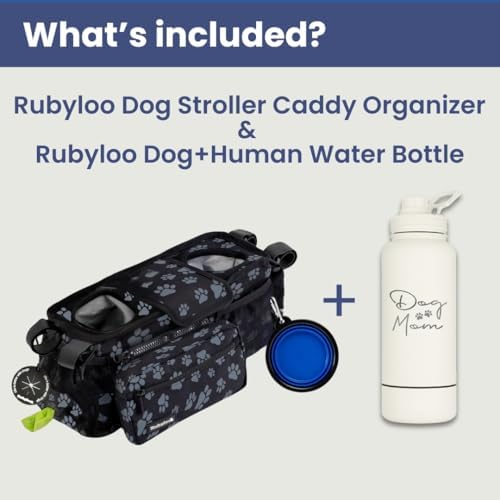 rubyloo Dog Stroller Caddy Organizer (Paw Print) & 32 oz Insulated Water Bottle with Attached 8 oz Bowl (Dog Mom) – Stroller Organizer & Hydration Set