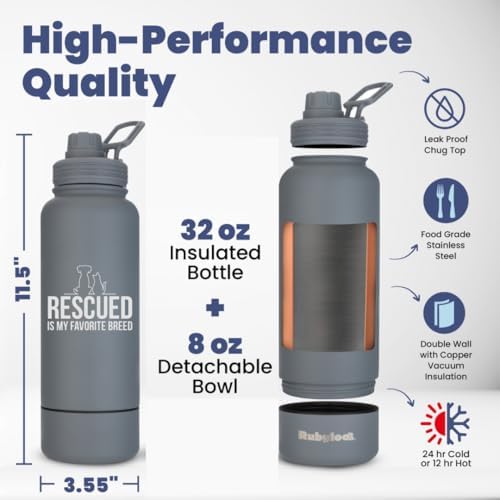 Rubyloo The Original Doggy Bag Backpack (Dark Grey) & 32oz Insulated Water Bottle with Attached 8oz Bowl (Rescued is My Favorite Breed) – Dog Travel Backpack & Hydration Set
