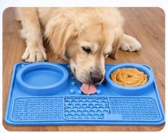 Silicone Dog Feeding Mat with Slow Feeder & Lick Pad for Dogs and Cats – Non-Slip Spill-Proof Pet Feeding Tray with Bowl Holder, Dishwasher Safe, Support, 12 x 8 Inch Blue