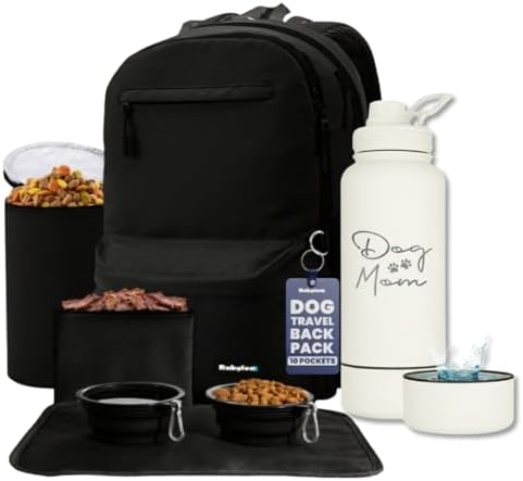 Rubyloo The Original Doggy Bag Backpack (Black) & 32oz Insulated Water Bottle with Attached 8oz Bowl (Dog Mom) – Dog Travel Backpack & Hydration Set