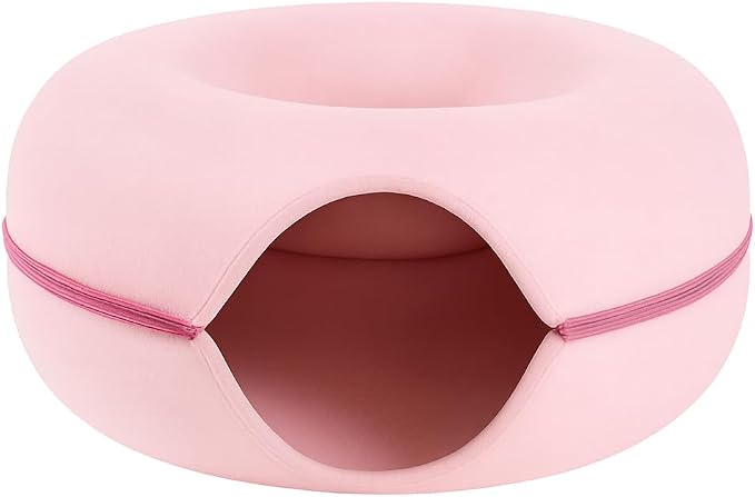 Pink Cat Tunnel & Donut Bed Cave for Indoor Cats – Large Felt Cat Toys Interactive Hideaway, No-Collapse, Scratch-Resistant, Washable Cat House, Cat Enrichment for Bored Indoor Cats & Kittens Gift Toy