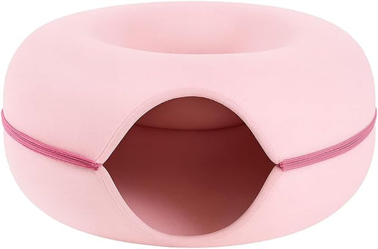 Pink Cat Tunnel & Donut Bed Cave for Indoor Cats – Large Felt Cat Toys Interactive Hideaway, No-Collapse, Scratch-Resistant, Washable Cat House, Cat Enrichment for Bored Indoor Cats & Kittens Gift Toy