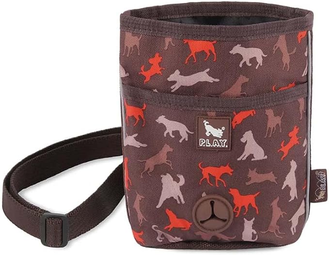 P.L.A.Y. Scout & About Deluxe Training Treat Pouch with Bag Dispenser - 3 Way Wear, Detachable & Adjustable Strap, Reflective Strips, Water-Resistant Back Zipper Pocket, Squeaker (Mocha)