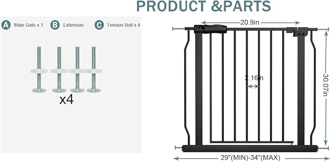 29-34 Inch Baby & Pet Gate - White Metal Pressure Mounted Walk Through Safety Gate for Narrow Stairs & Doorways