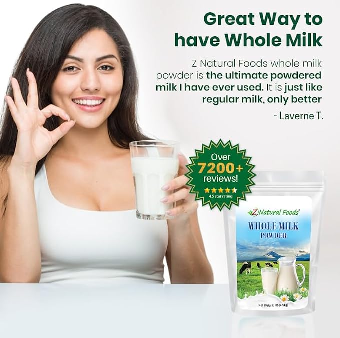 Z Natural Foods Premium Whole Milk Powder - Powdered Milk for Baking, Cooking, Drinks - Dry Milk Powder, Pasteurized, Non-GMO, Gluten-Free, Kosher-Certified, 1 lb