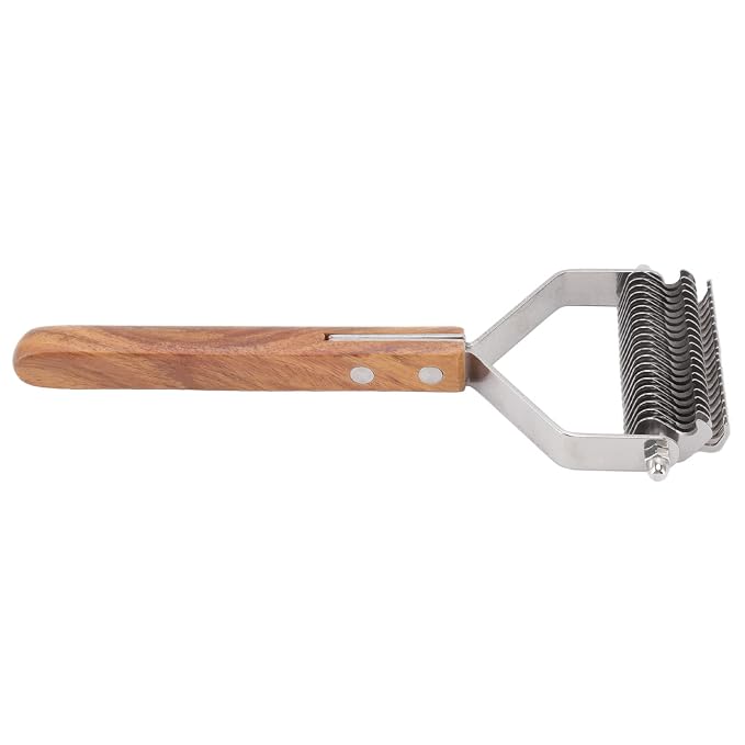 Pet Undercoat Rake, Dog Hair Shedding Brush, Double Row Stainless Steel Deshedding Tool with Wood Handle for Cat Puppy Grooming, Knots Removal and Massage