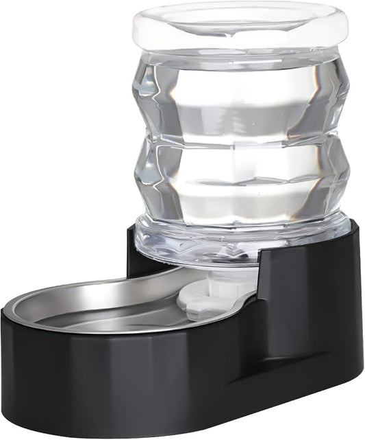 RIZZARI Black 4L Gravity Pet Water Dispenser with Stainless Steel Bowl - Activated Carbon & Ion Exchange Filter to Soften Water & Reduce Odor, Supports Urinary Health, for Garden or Study Room