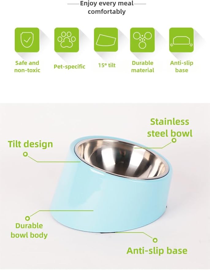 15° Tilted Dog Bowl for Small Dogs Flat-Faced Breeds - Anti-Choke Ergonomic Elevated Feeder Non-Slip Base - 2-in-1 Detachable Stainless Steel Food & Water Bowls - Classic Black Sleek Style (S, Black)