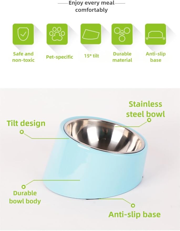 15° Tilted Dog Bowl for Small Dogs Flat-Faced Breeds - Anti-Choke Ergonomic Elevated Feeder Non-Slip Base - 2-in-1 Detachable Stainless Steel Food & Water Bowls - Classic Black Sleek Style (Ｍ, Black)