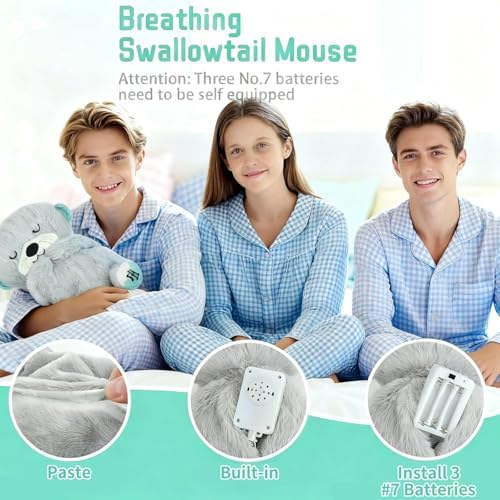 rytopt Breathing Stuffed Animal, Simulated Breathing Sounds, 4 Gear Adjustment, Volume Control, Plush Toy with Music & Light (Gray)