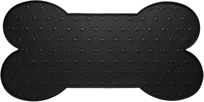Dog Food Mat, 26x13 Inch Silicone Pet Feeding Mat Non-Slip Bone Shaped Waterproof Dog Water Bowl Tray Raised Edge Protects Floors (Black), Intended for Pets Bowl/Fountain