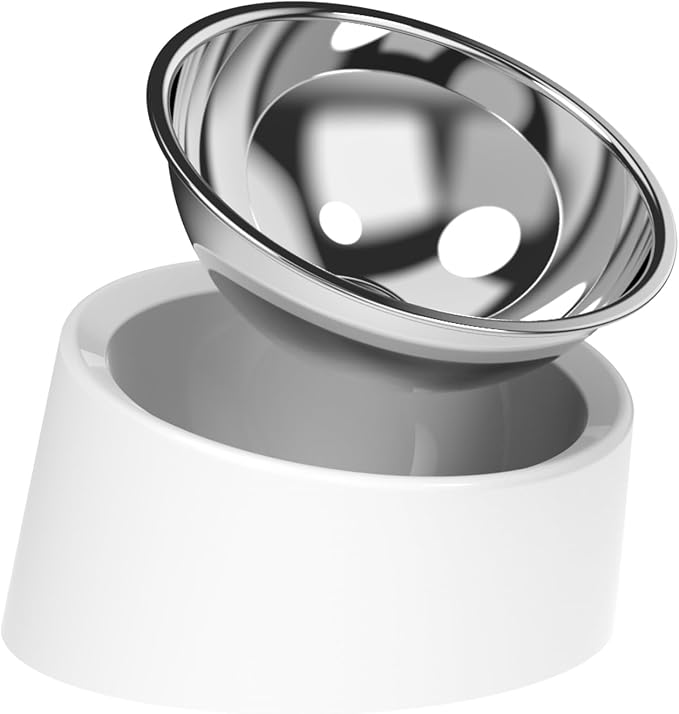15° Tilted Dog Bowl for Medium Breeds (Size M, White), Anti-Choke Stainless Steel Pet Bowl for Brachycephalic Dogs (Bulldog/Corgi), Non-Spill Detachable Feeder