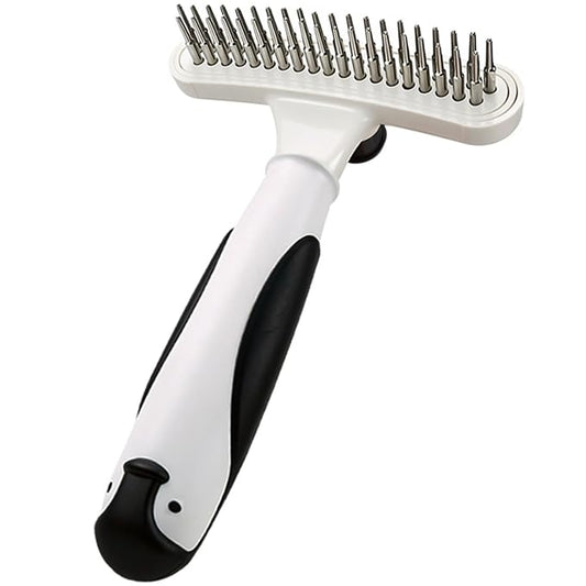 Professional pet grooming dematting rake for long coat dogs and cats, removes knots, tangled fur & loose shedding hair of large breeds like Golden Retriever, Husky, German Shepherd. (white)