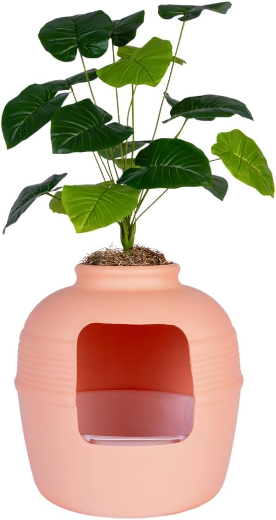 Good Pet Stuff Original Hidden Litter Box Planter, Decorative Cat Litter Enclosure, Carbon Filter, Faux Plant, Round Design, Easy Clean Litter Tray, Essentials Kit, Broad Leaf Plant, Blush Coral