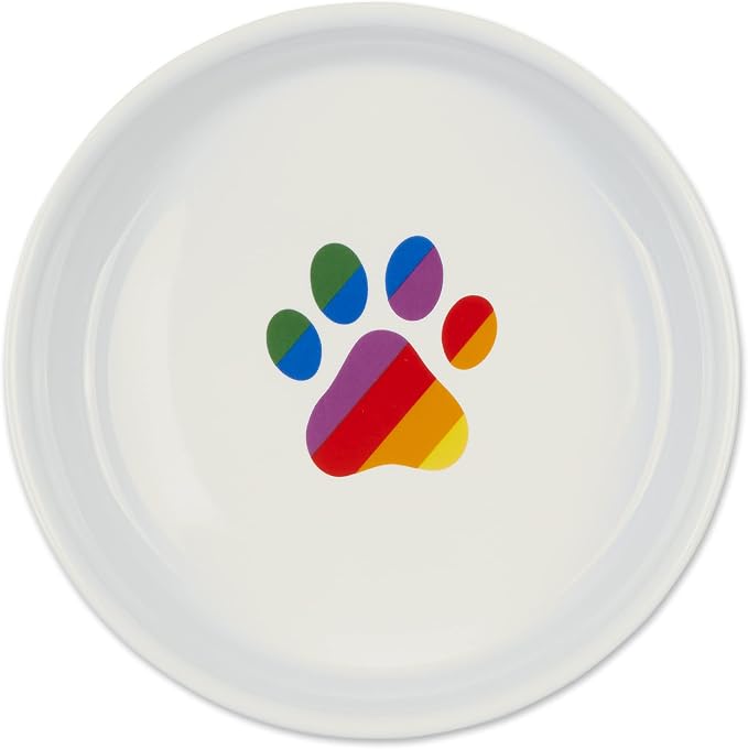 Bone Dry Ceramic Food Bowls, Non-Slip & Dishwasher Safe, Large Set, 7.5x2.4, Rainbow Paw, 2 Count