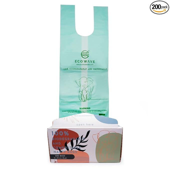ECO WAVE Compostable Diaper Bags, 200 bags, ASTM D6400, EN 13432, US BPI and Europe OK Compost Home Certified Disposable Biodegradable Baby Poop Bags