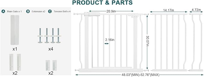 Baby Gates Extra Wide 48.03-52.76 Inch Large Long Baby Gate for Stairs Tension Pet Dog Gates Indoor for Doorways,No Drilling Pressure Mounted Pet Gates for Kids