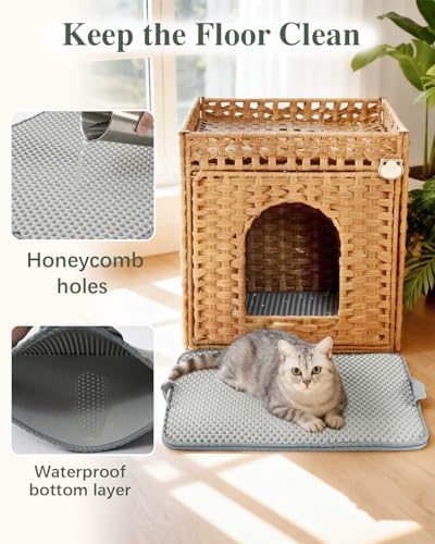 SETVSON Cat Litter Box Enclosure Furniture, Hidden Litter Box with Mat and Fence, Cat Litter Mat, Small Double Layer Cat Mat for Litter Box, Honeycomb Trapping pad Waterproof Urine Proof, Easy Clean