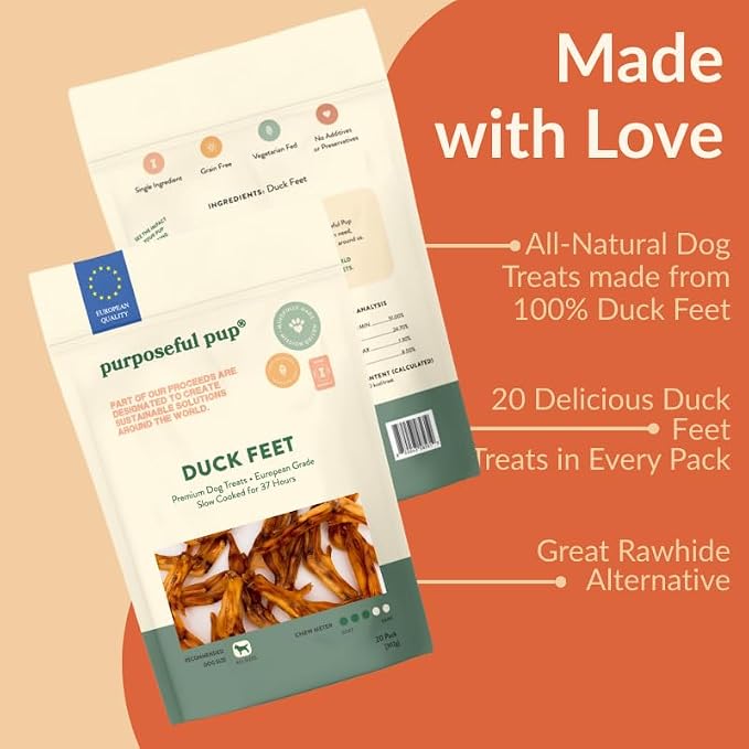 Duck Feet Dog Treat 20 Pack – Bulk European Quality, De-Nailed & Slow Cooked for 37-Hour Air Dried | Natural Hip & Joint Support | Dental Chew for Large Dogs | Rawhide Alternative