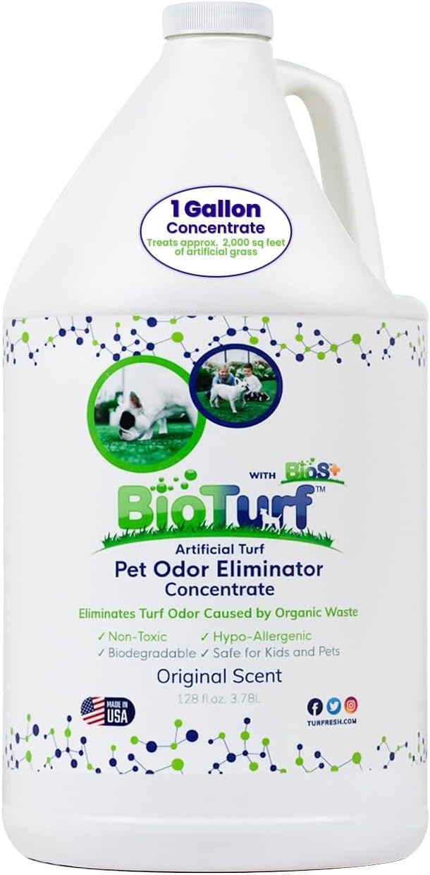 BioTurf BioS+ Turf Cleaner for Pet Urine Outdoor – Artificial Turf Cleaner Deodorizer Concentrate – Fake Grass & Yard Deodorizer for Dog Urine & Feces – Enzyme Kennel Odor Eliminator 1 Gallon