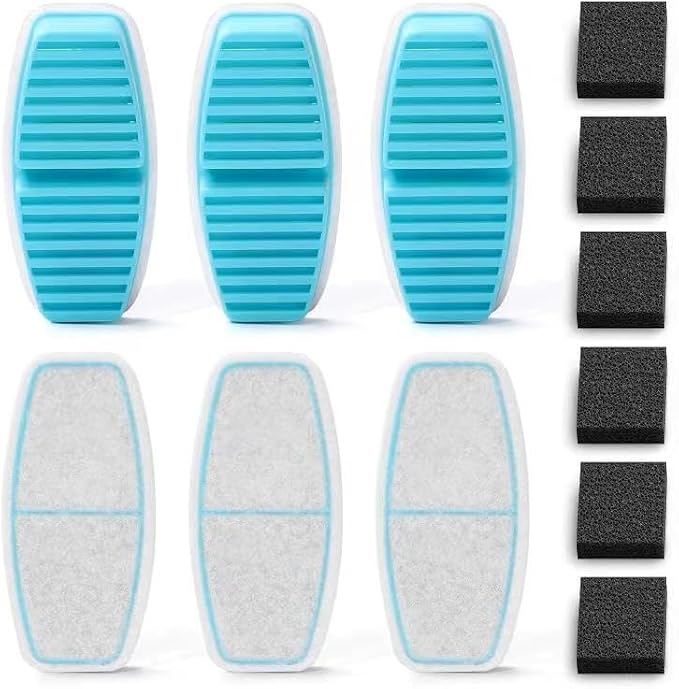 Official POOEKEN 12 Packs(6 Filters + 6 Sponges) for B3 Battery Cat Water Fountain, Cat Fountain Replacement Filters with Activated Carbon Filter, Ultra-fine Fiber