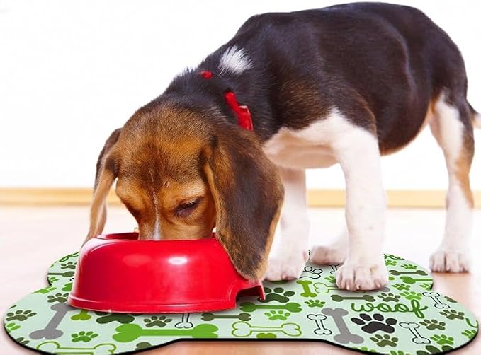 Dog Food Mats for Floors Waterproof, Pet Feeding Absorbent Water Bowl Mat Cat Placemats Green Bone Shape 25.5 * 17 inch
