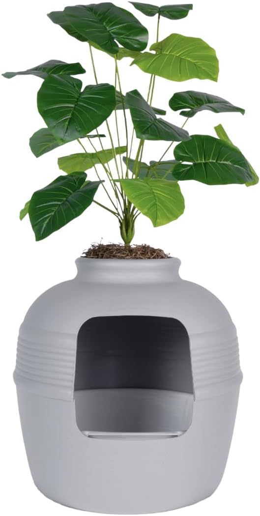 Good Pet Stuff Original Hidden Litter Box Planter, Decorative Cat Litter Enclosure, Carbon Filter, Faux Plant, Round Design, Easy Clean Litter Tray, Essentials Kit, Broad Leaf Plant, Pebble Gray