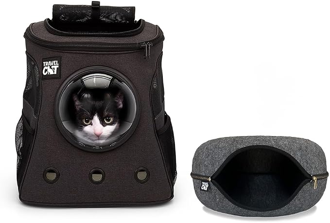 Fat Cat Backpack Carrier with Space Capsule Bubble & Travel Cat Tunnel Bed Cave – Airline Approved Pet Carrier & Cozy Donut Bed for Cats up to 25 lbs