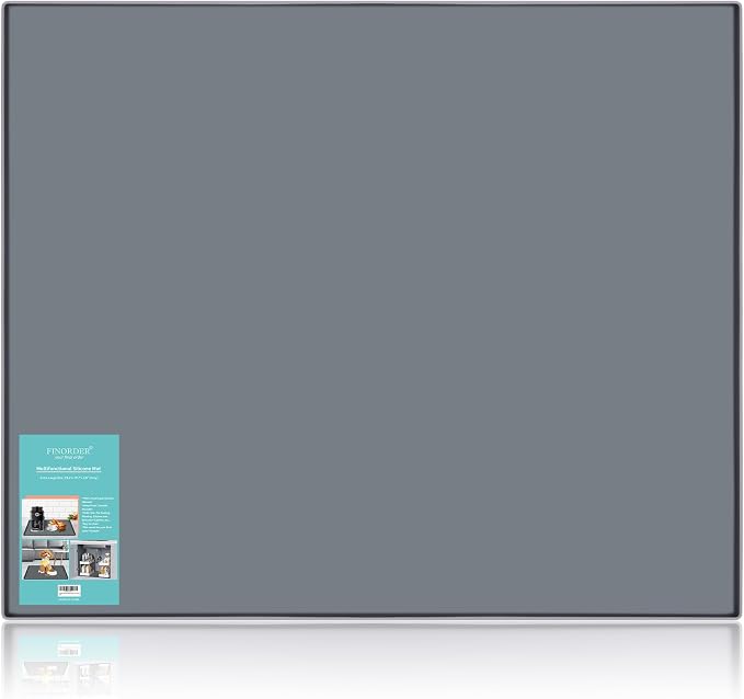 Finorder 23.6"x19.7" 100% Silicone Pet Feeding Mat, Higher Raised Edges and Slip Resistant Pet Food and Water Bowl Mat, Waterproof Pet Food Placemat Silicone Tray, Dishwasher Safe (Grey)