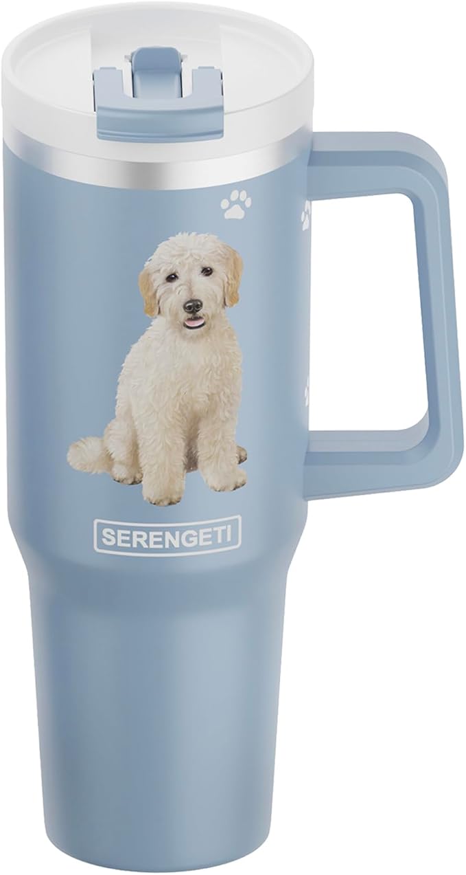 SERENGETI 40 Oz Ultimate Tumbler with Handle and Straw - Vacuum Insulated Tumbler with Straw and Lid - Stainless Steel Travel Mug for Pet Lovers - 3D Designs of your favorite Dog (Goldendoodle)